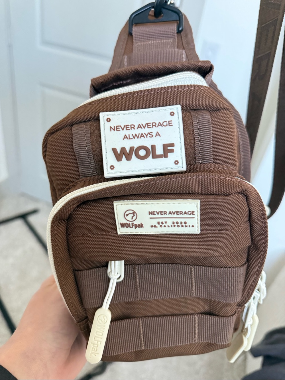 WOLFPAK Brown Crossbody Sling Bag with Cream Trim - Picture 2 of 6